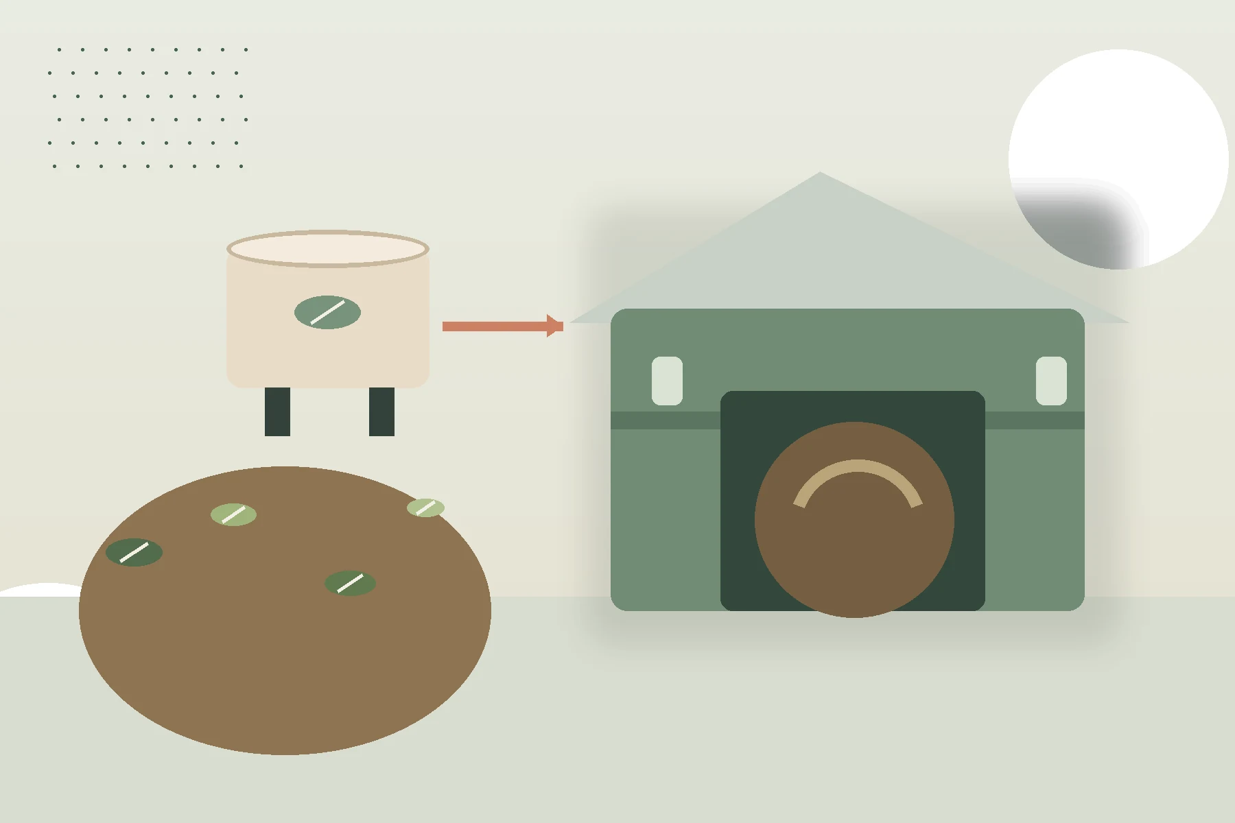 Illustration of food-service packaging moving toward a municipal-scale composting facility.