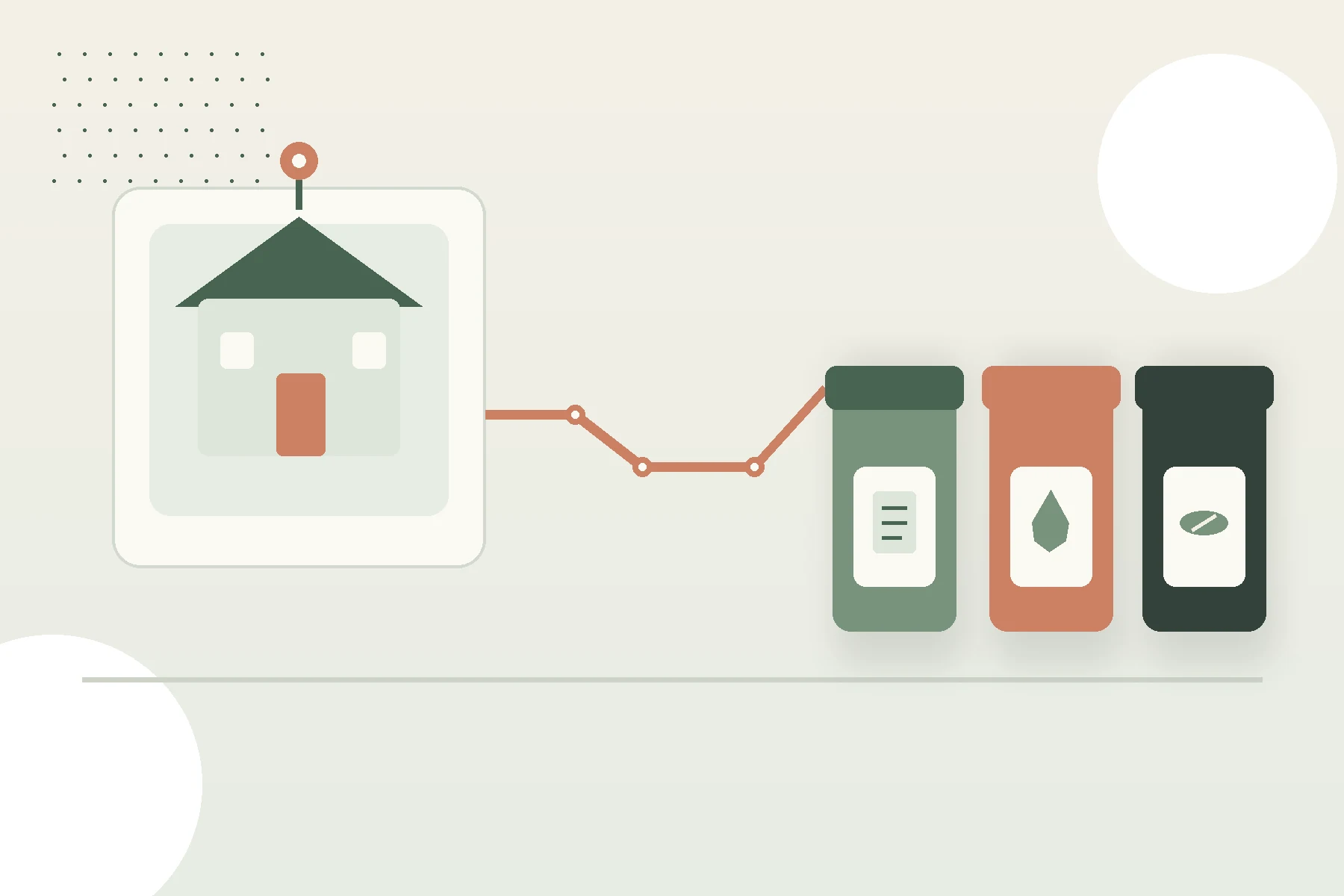 Illustration of a home, a route marker, and separate local waste collection containers.