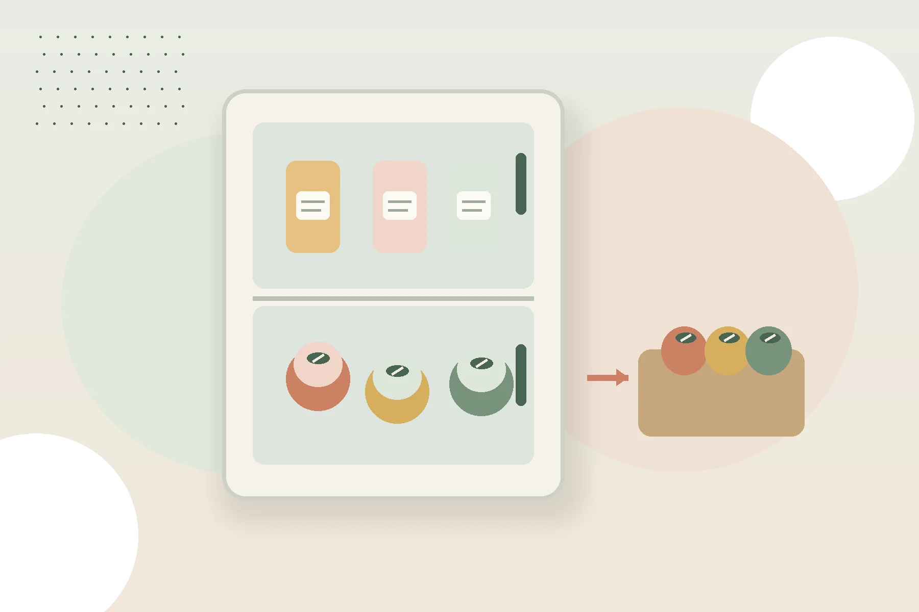 Illustration of labeled food containers in a shared community refrigerator.
