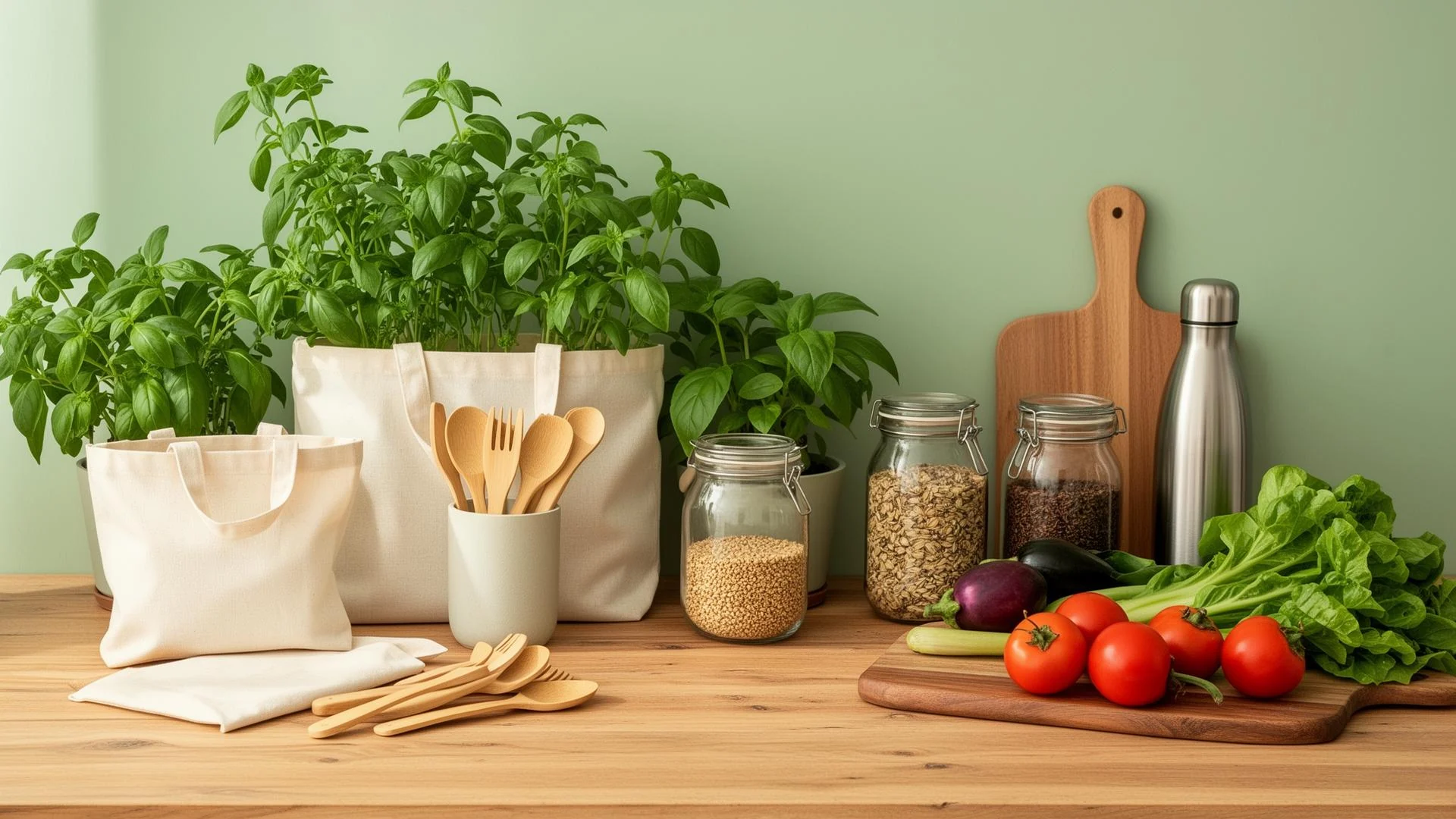 Sustainable zero waste living essentials including plants, reusable bags, glass jars, and bamboo utensils