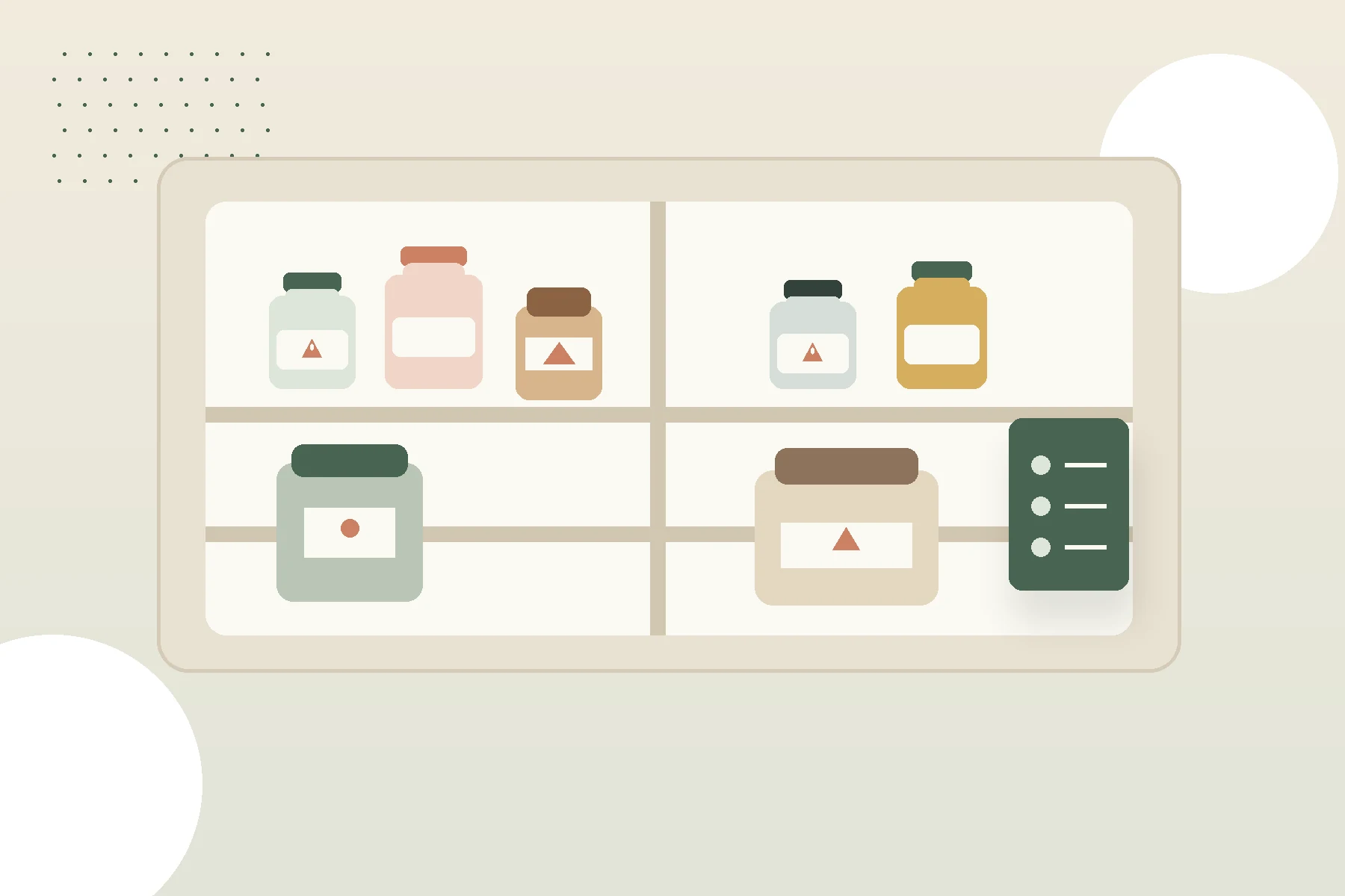 Illustration of sealed household product containers and a checklist in a storage cabinet.