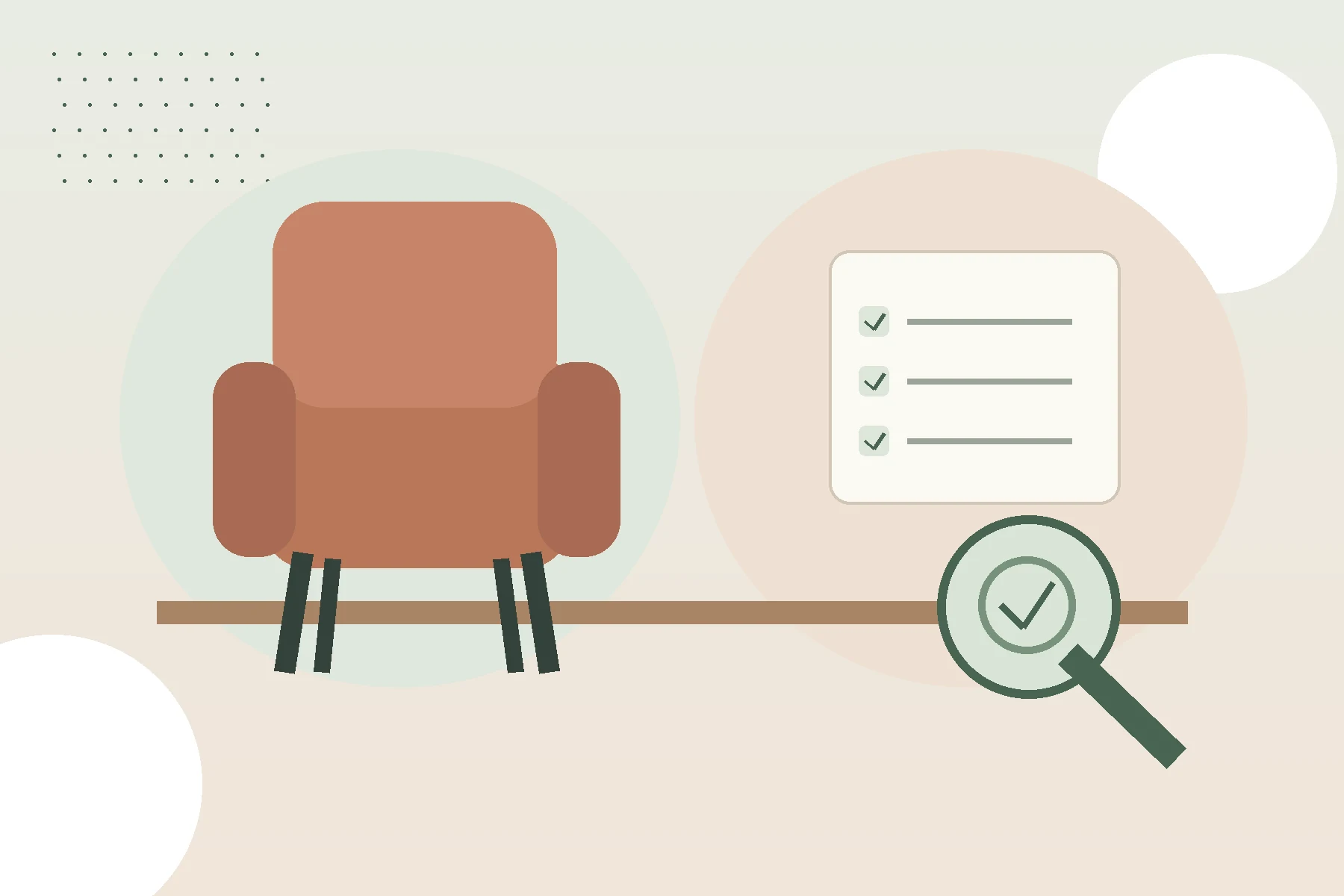 Illustration of a secondhand chair inspected with a checklist and magnifying glass.